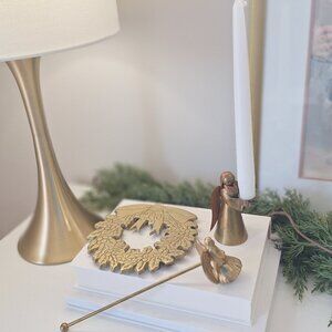 Vintage brass angel candle holder & snuffer , wreath trivet Christmas